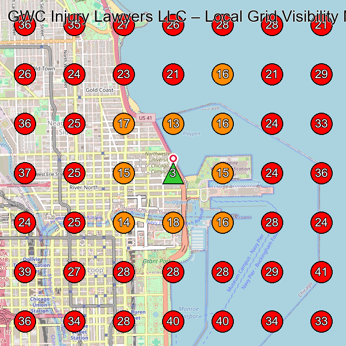 GWC Injury Lawyers LLC GeoGrid visibility map for Personal Injury Attorney in Chicago
